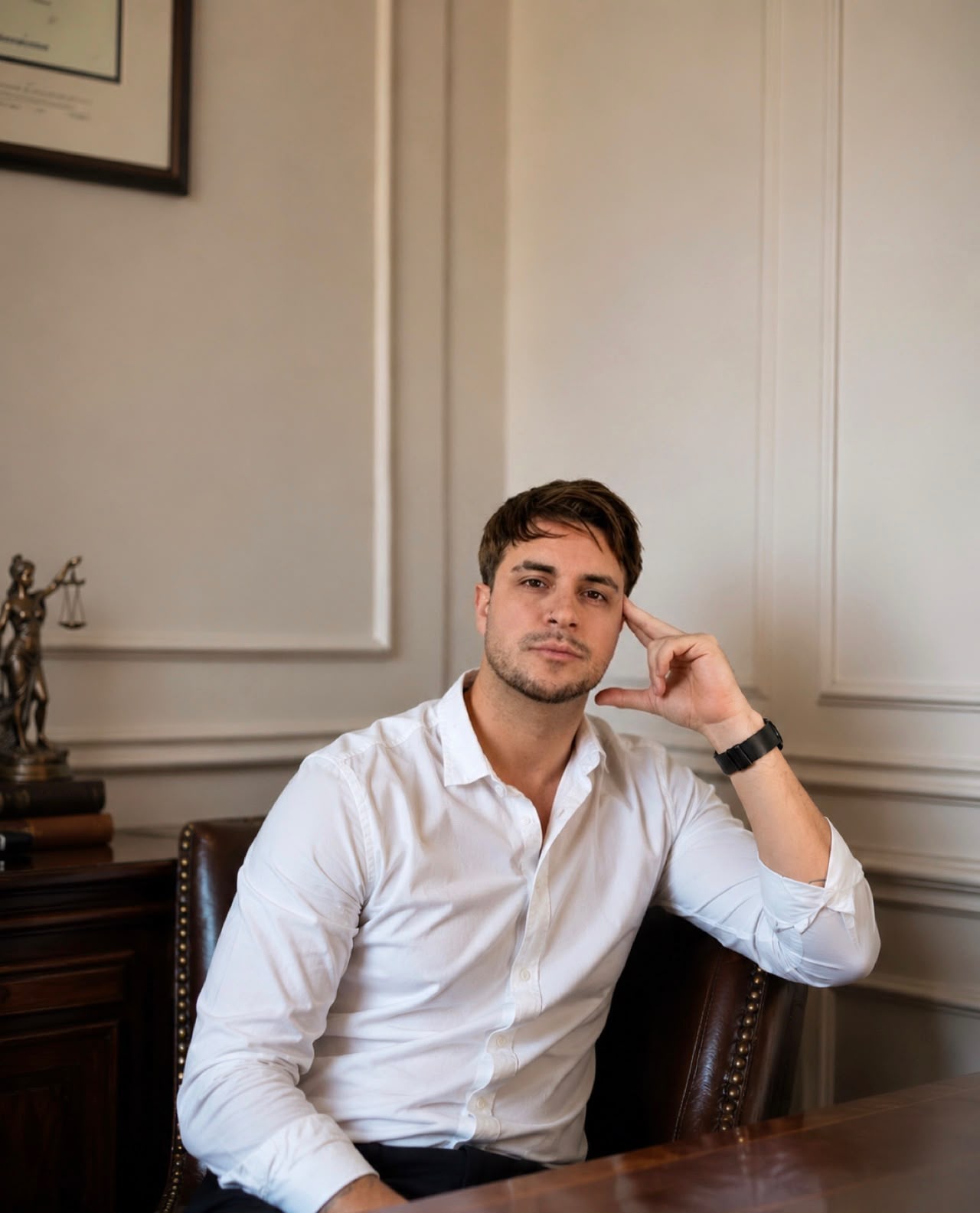 Julián Álvarez con camisa blanca en su estudio